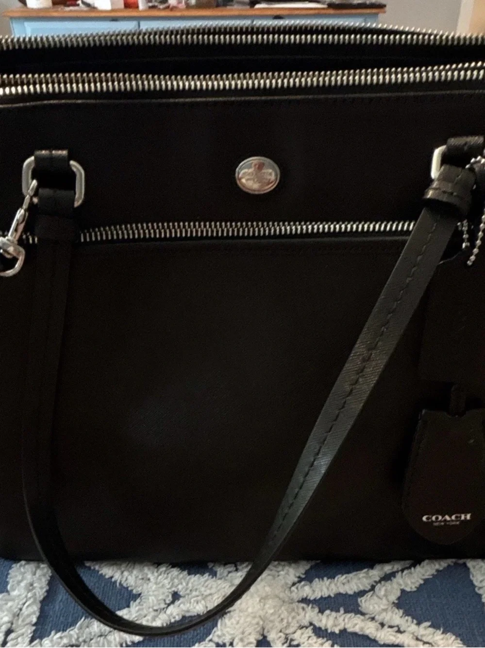 Coach Black Leather Shoulder Bag with Zip Accents